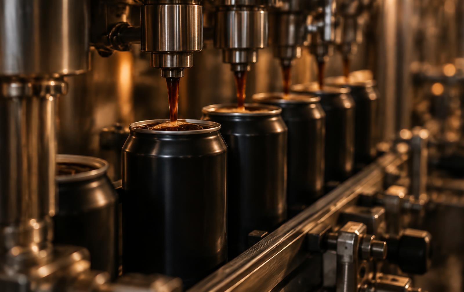 Stainless steel filling line dosing coffee into aluminum cans