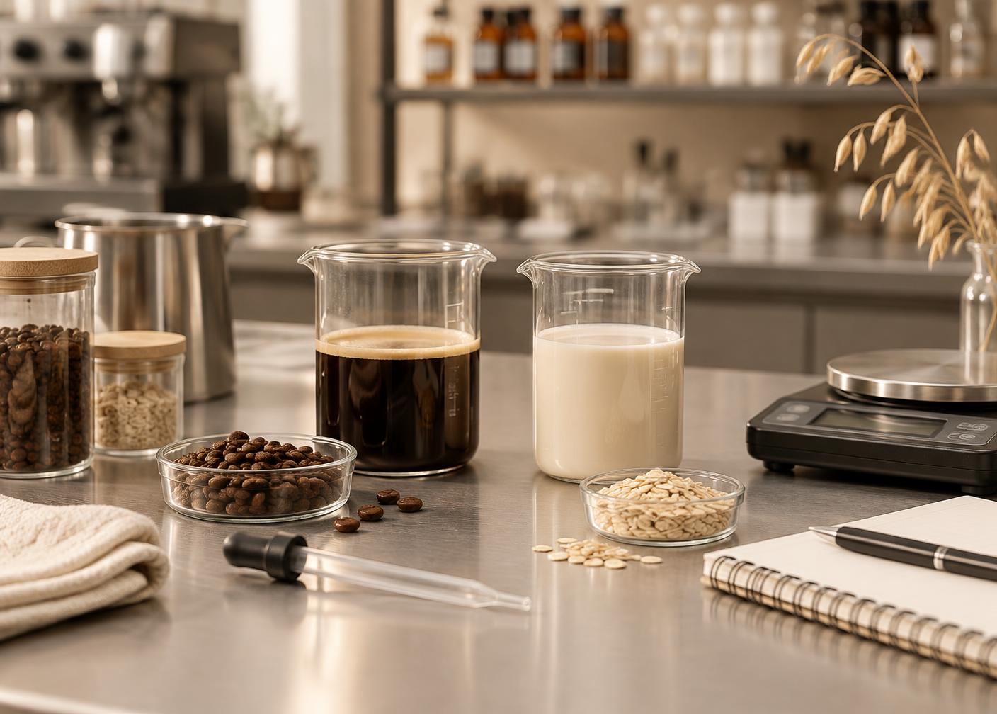 Beverage formulation bench with coffee and oat milk samples, scale, and notes